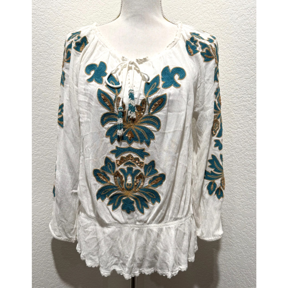 Soft Surroundings Shirt Sz S White Green Embroidered Sequins Tassel Boho Top